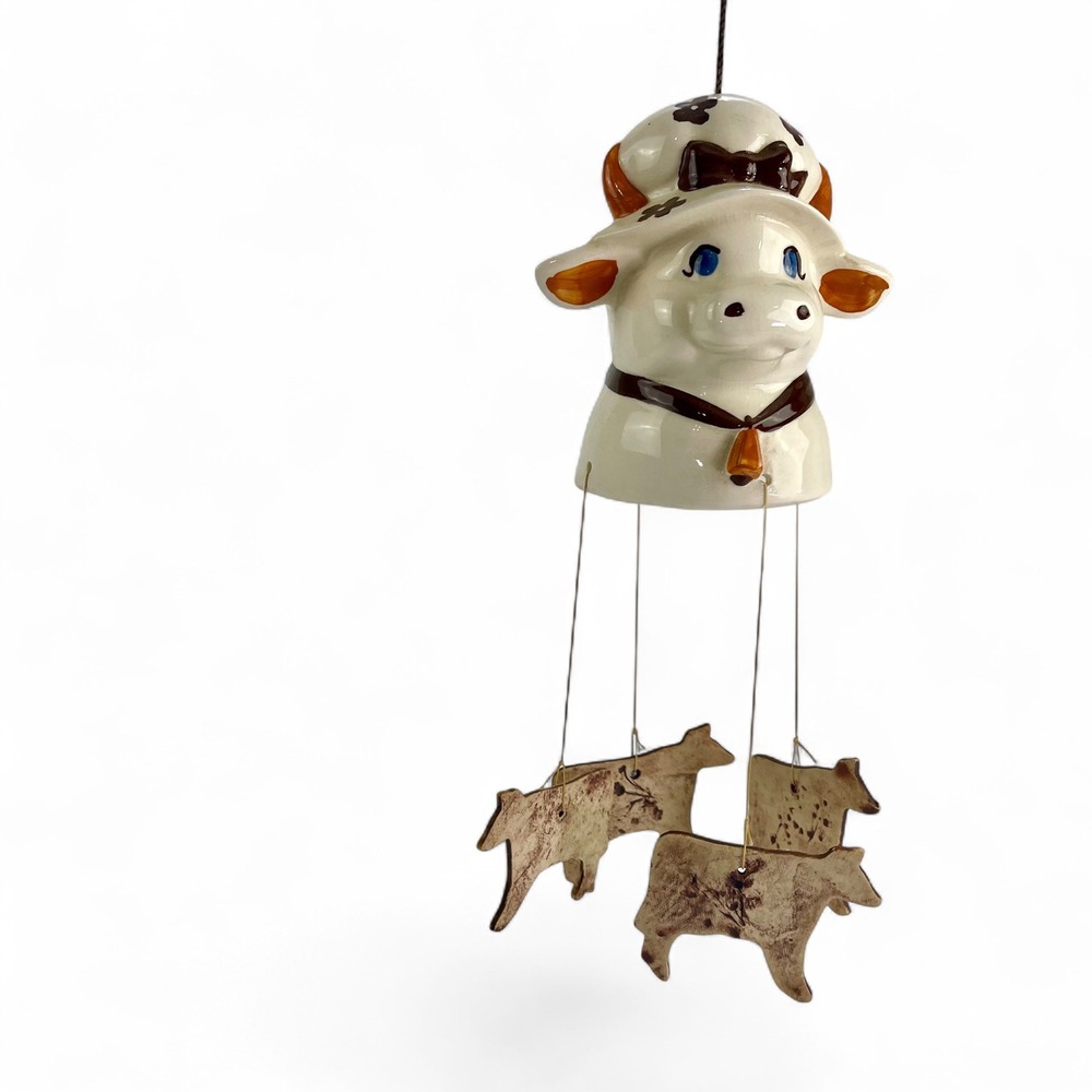 Vintage Ceramic Cow Wind Chime‎ Farmhouse Floral Hat Hanging Garden Decor 794